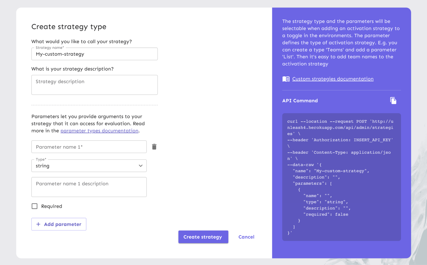 A strategy creation form. It has fields labeled &quot;strategy name&quot; — &quot;TimeStamp&quot; — and &quot;description&quot; — &quot;activate toggle after a given timestamp&quot;. It also has fields for a parameter named &quot;enableAfter&quot;. The parameter is of type &quot;string&quot; and the parameter description is &quot;Expected format: YYYY-MM-DD HH&quot;. The parameter is required.